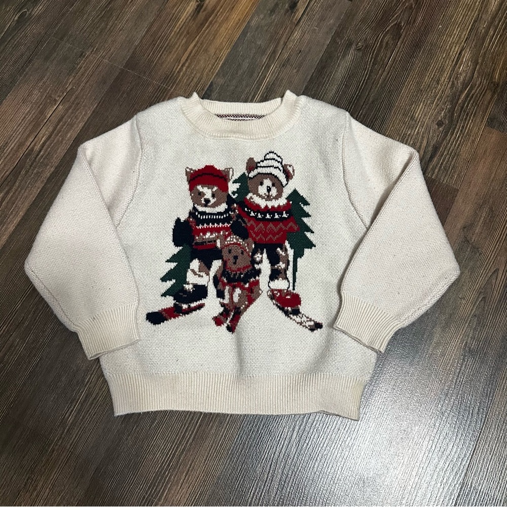 SHEIN Red and White Knit Bear Skiing Sweater